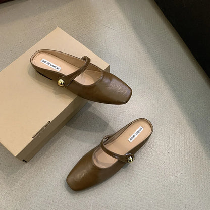 Soft Leather 2025 Ins Silver Buckle Strap Casual Shoes Fashion Flats Elegant Glitter Metallic Mules Shoes Cover Toe Slippers
