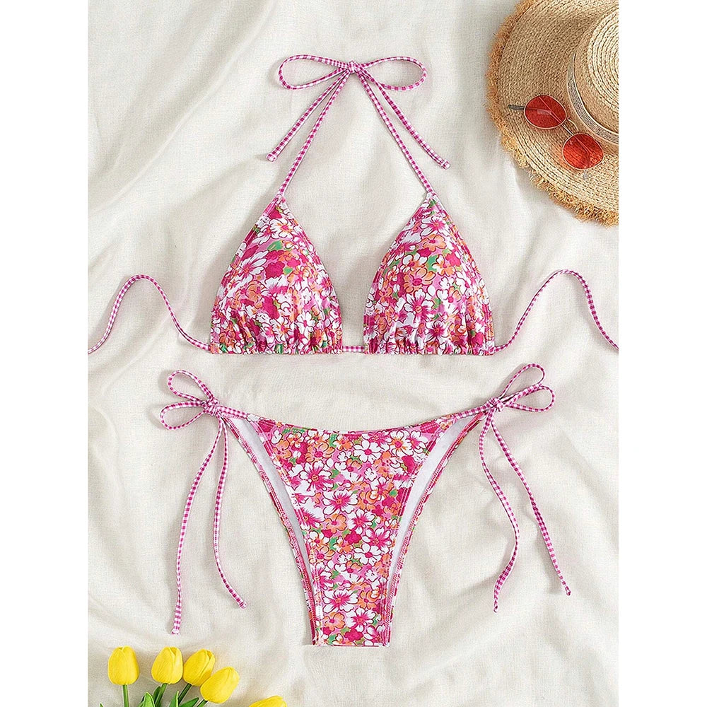 Swimsuit 2026 Female Micro Bikini Women Swimwear Summer Beachwear Women's Bathing Suit Floral Print Neck Halter Thong Bikini Set