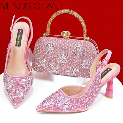 Luxury Handmade Flowers Shoes and Clutch for Women- Nigerian Style Elegant Crystal Heels with Matching Evening Bags