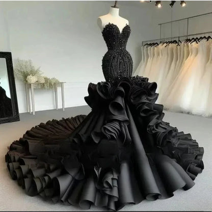 Customized Sexy Black Special Fishtail Wedding Dresses Sweetheart Neck Beaded Sequins Ruffles Layered Trailing Bridal Gowns
