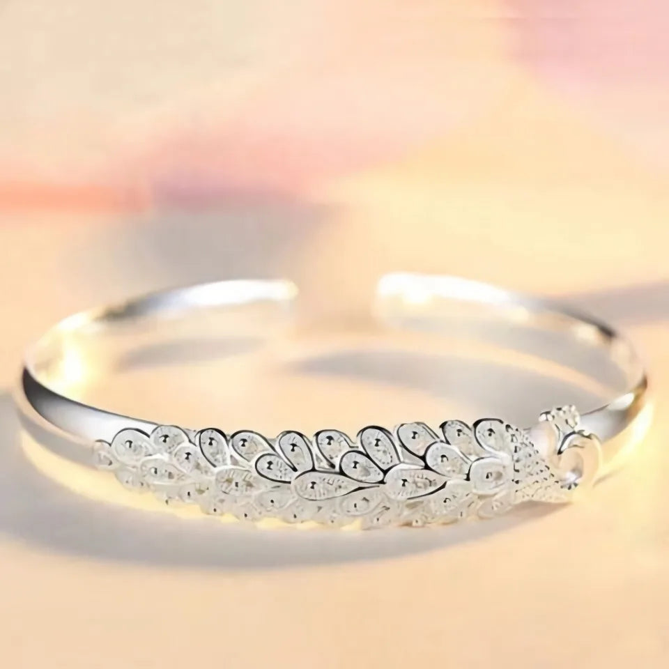 New sterling silver elegant Peacock opening screen bracelet Bangles for women fashion party wedding jewelry gift