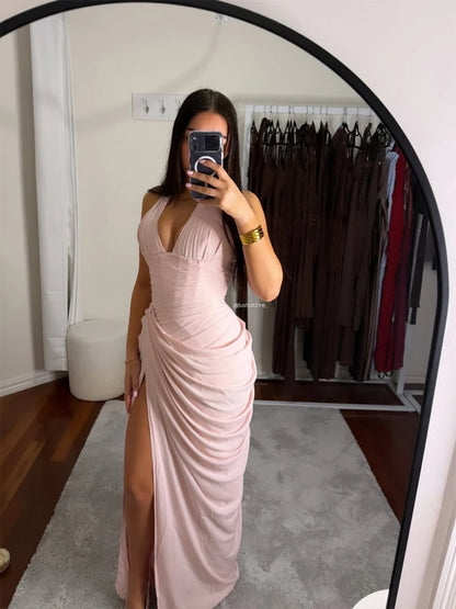 Sexy Solid Pleated Halter Dress Women Fashion Sleeveless Backless Waist-cinching Split Maxi Dresses 2026 Summer Lady Party Gowns