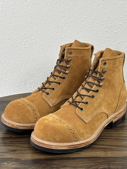 Handmade Solid Color Genuine Leather Hard-Wearing Lace-Up Ankle Boots Retro Male Cow Suede Round Toe Platform High Top Shoes