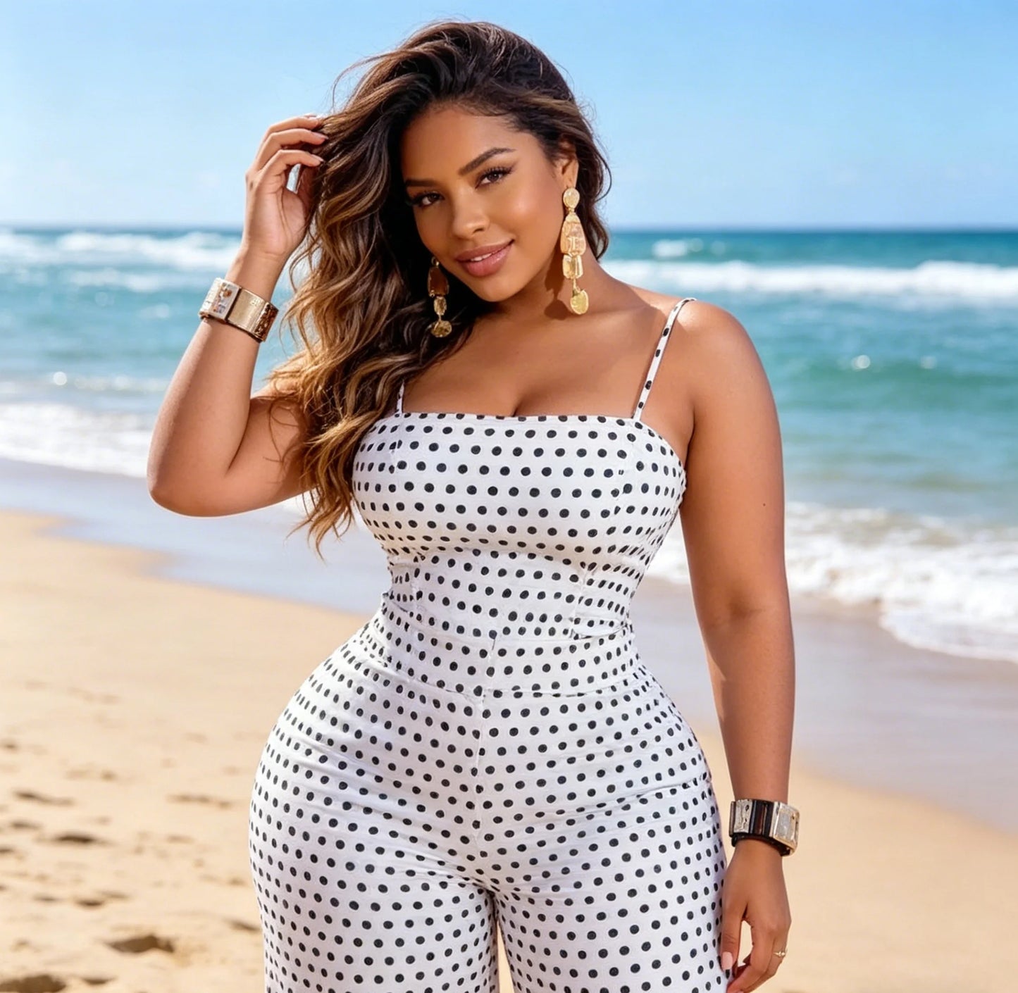 Siren Chic 2026 Women's Fashion Dot Print Wrap Chest Cami Jumpsuit Sexy Sleeveless Party Rompers