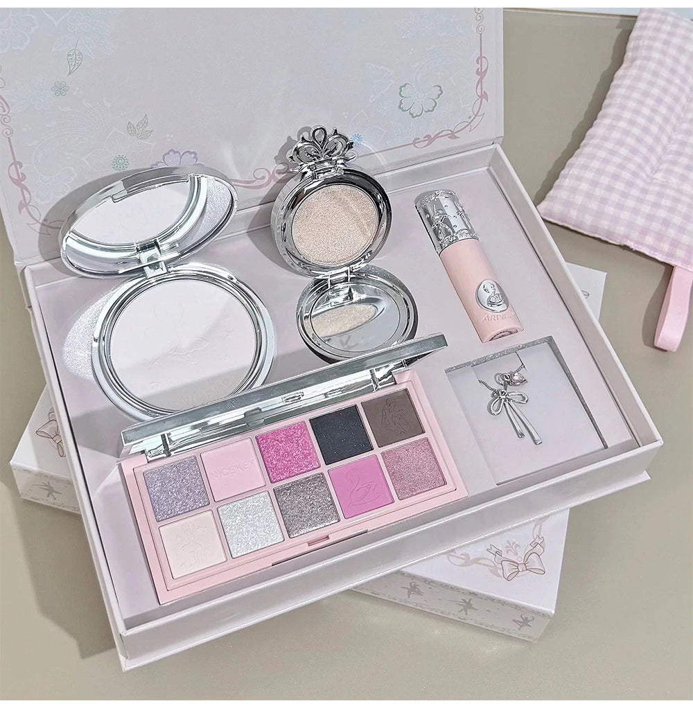 NICEKEY Makeup Sets Include 1*Lip Stain,1*Pressed Powder,1*Highlight Powder,1*Eyeshadow Palette With Necklace Gift Cosmetics Kit