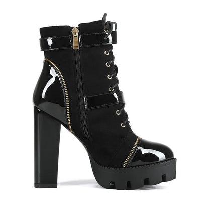 Design Women Black Leather Round Toe Rivets Metal Zippers Block High Heel Thick Bottom Ankle Boots Belt Buckles Platform Boots