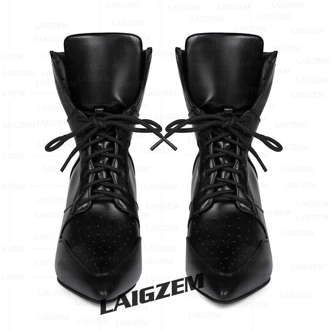 LAIGZEM Women Ankle Boots 7.5CM Thin High Heels Short Boots Lace up Faux leather Ladies Shoes Woman Large Size 38 41 45 47