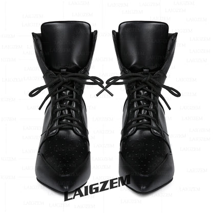 LAIGZEM Women Ankle Boots 7.5CM Thin High Heels Short Boots Lace up Faux leather Ladies Shoes Woman Large Size 38 41 45 47