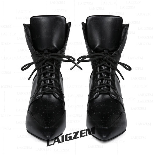 LAIGZEM Women Ankle Boots 7.5CM Thin High Heels Short Boots Lace up Faux leather Ladies Shoes Woman Large Size 38 41 45 47
