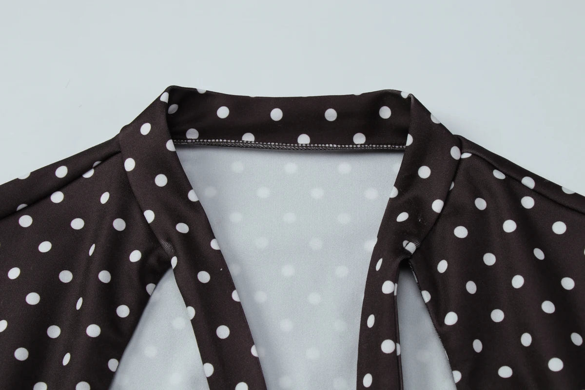 Dulzura Turtleneck Short Sleeve Lace Up Hollow Out Polka Dot Mini Dress Women'S Fashion Sexy Elegant Dress Party Vacation Outfit