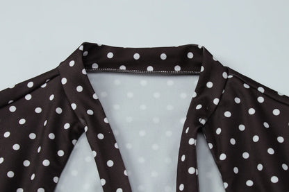 Dulzura Turtleneck Short Sleeve Lace Up Hollow Out Polka Dot Mini Dress Women'S Fashion Sexy Elegant Dress Party Vacation Outfit