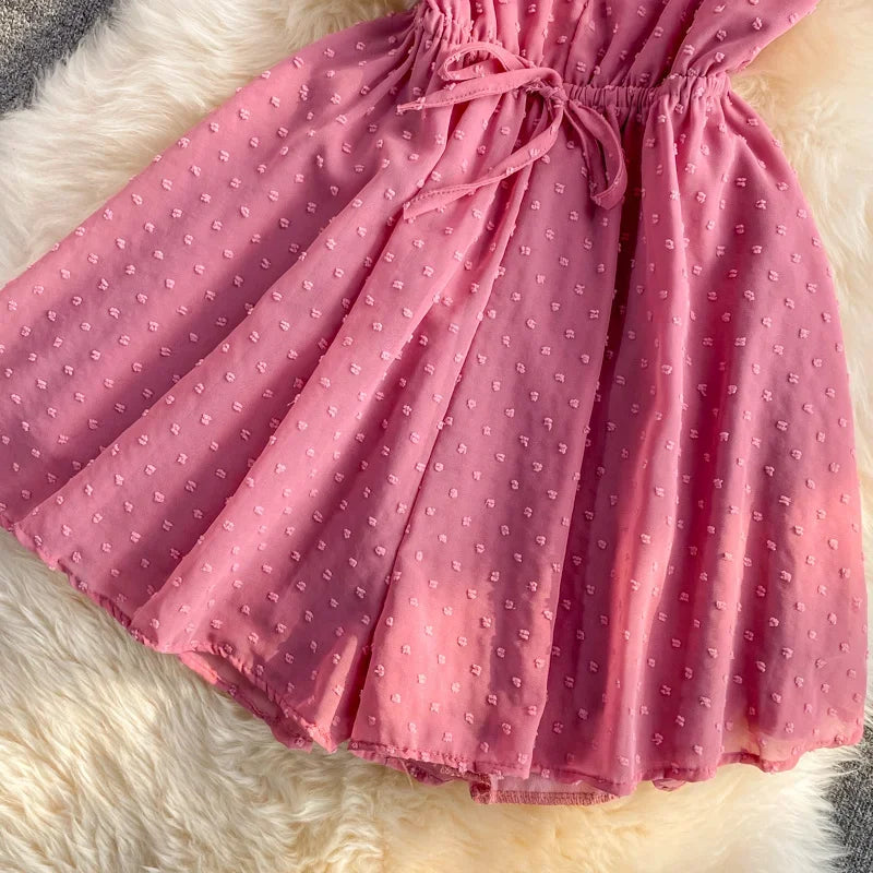 2025 Summer Women Playsuit Polka Dot See Through Thin Beach Rompers Sexy V-neck Short Sleeve Drawstring Sash Slim Waist Overalls