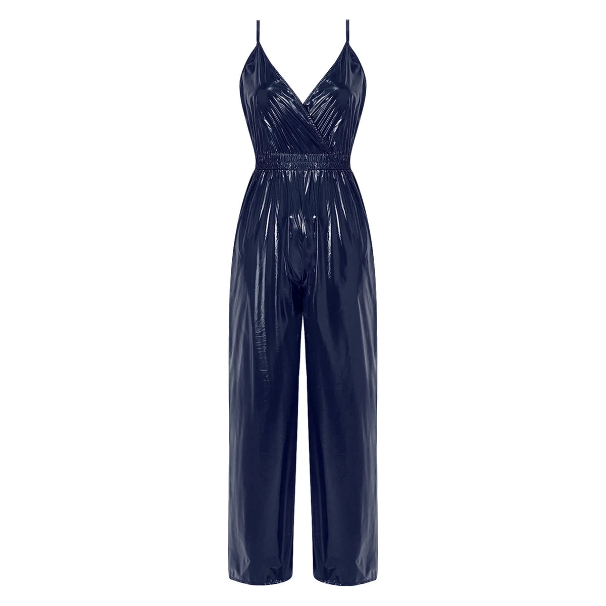 Womens Glossy Waterproof Jumpsuit Wrap V Neck Backless Elastic Waist Straight Wide Leg Pants Leotard Rompers for Clubwear Party