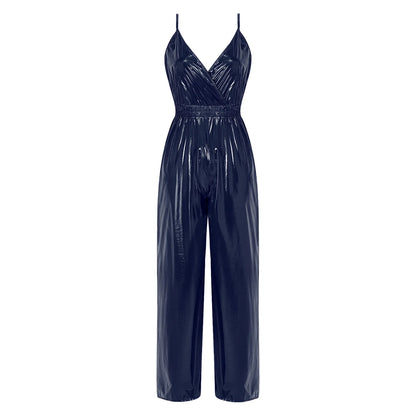 Womens Glossy Waterproof Jumpsuit Wrap V Neck Backless Elastic Waist Straight Wide Leg Pants Leotard Rompers for Clubwear Party