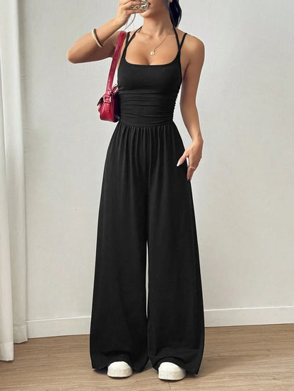 Women Halter Spaghetti Strap Jumpsuits Summer Casual Elastic High Waist Backless Wide Leg Long Pants Romper Club Party Overalls