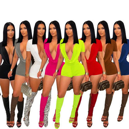 Sexy Deep V-neck Solid Bodycon Romper for Woman Jumpsuits Short Sleeve Skinny One Pieces Playsuit Club Party Combishort Femme