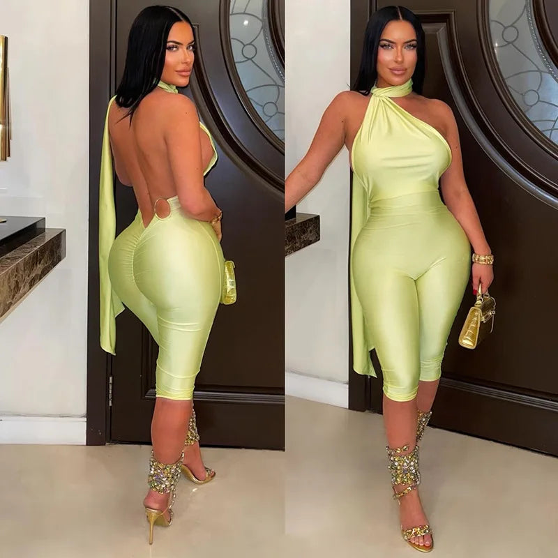 Sexy Backless Ruched Halter Neck Tie Solid Slim Fit Capris Jumpsuit Women Fashion Overalls Playsuits Beach Vacation Clubwear