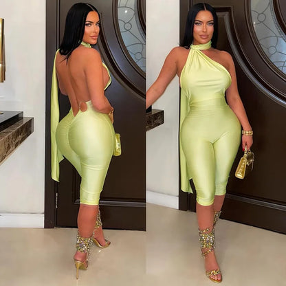Sexy Backless Ruched Halter Neck Tie Solid Slim Fit Capris Jumpsuit Women Fashion Overalls Playsuits Beach Vacation Clubwear