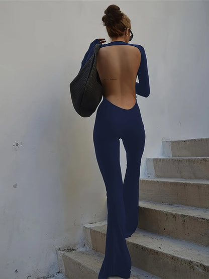 SIsterlinda Solid Sexy Backless Bodycon Wide Leg Jumpsuit Women Autumn Casual Slim Long Sleeve O-Neck Playsuit Lady Streetwear