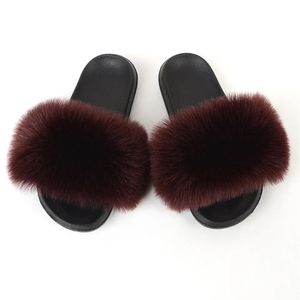 Women's Summer Faux Fur Fox Fur Slippers Fashion Luxury Indoor and Outdoor Non-Slip Solid Color Flat Bottom Furry Sandals