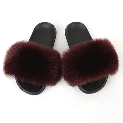 Women's Summer Faux Fur Fox Fur Slippers Fashion Luxury Indoor and Outdoor Non-Slip Solid Color Flat Bottom Furry Sandals
