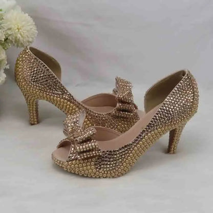 Champagne Golden Pearl Bridal Wedding shoes with matching bags woman Open Toe party dress shoes Platform shoes and bag