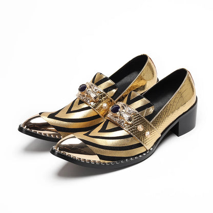 Large men's metal pointed gold rivet printed striped splicing high-heeled leather shoes club party leather formal shoes