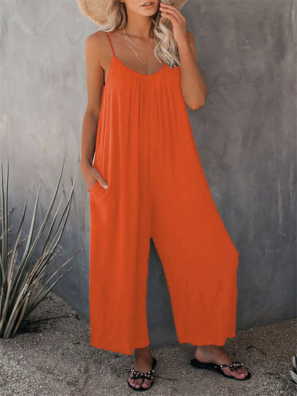 Strap jumpsuit for women's summer new cross-border solid color inserted bag casual jumpsuit