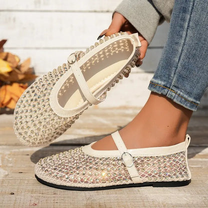 Women's Mary Jane Shoes Luxury Brand Casual Single Shoes Women's Rhinestone Plus Size Womens Round Head Buckle Beach Flat Shoes