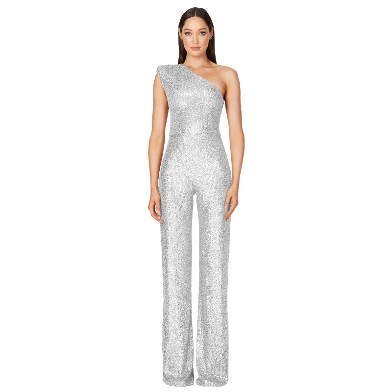 Women Elegant Long Jumpsuits Slanted Collar Party 2026 Sexy Glitter Sequin Club Playsuits Fashion Backless Solid Romper