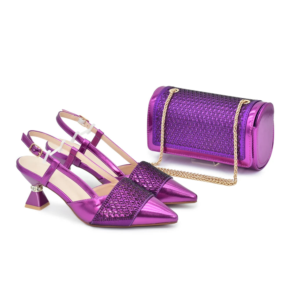 Shoe and Bags for Women Nigeria Party Women Nigerian Italian Shoes and Bags Set with Rhinestone Elegant Woman Heeled Pumps
