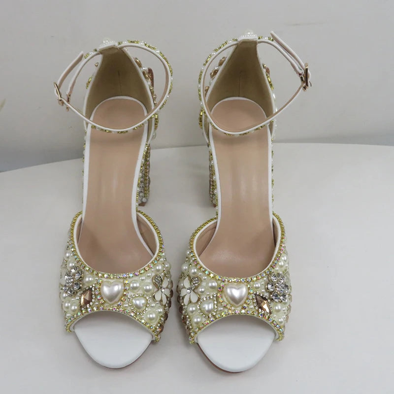 Luxury cyrstal wedding shoes with matching bags woman fashion Thick heel Women party dress shoes Fish beak Women shoes