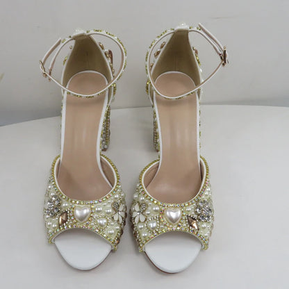 Luxury cyrstal wedding shoes with matching bags woman fashion Thick heel Women party dress shoes Fish beak Women shoes