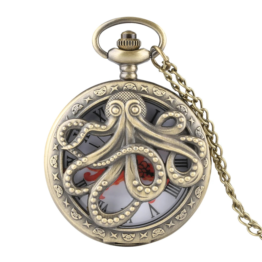 Retro Octopus Pattern Quartz Pocket Watch Arabic Numerals Dial Necklace Pendant Clock Vintage Fashion Timepiece Gift Unisex