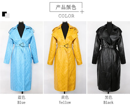 Nerazzurri Spring Autumn Long Oversized Colorful Snakeskin Print Patent Leather Trench Coat for Women Belt Runway Fashion 2022