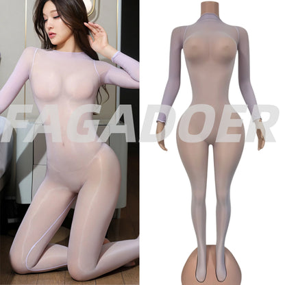 FAGADOER Summer New Sexy Mesh See Through Bodycon Jumpsuit Woman Long Sleeved Round Neck Rompers Female Party Club Overalls