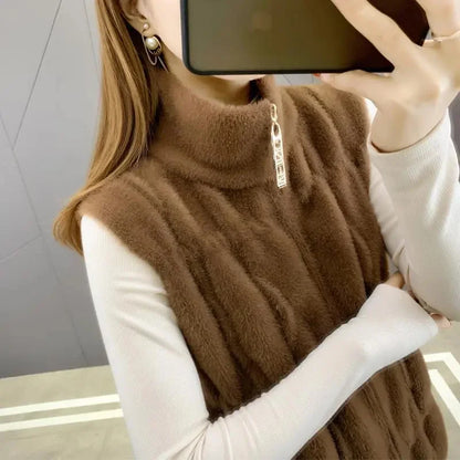 Imitation Mink Fur Sweater Vest Women's Autumn Winter Outerwear 2024 New Waistcoat Female Sleeveless Jacket Zipper Cardigan Top