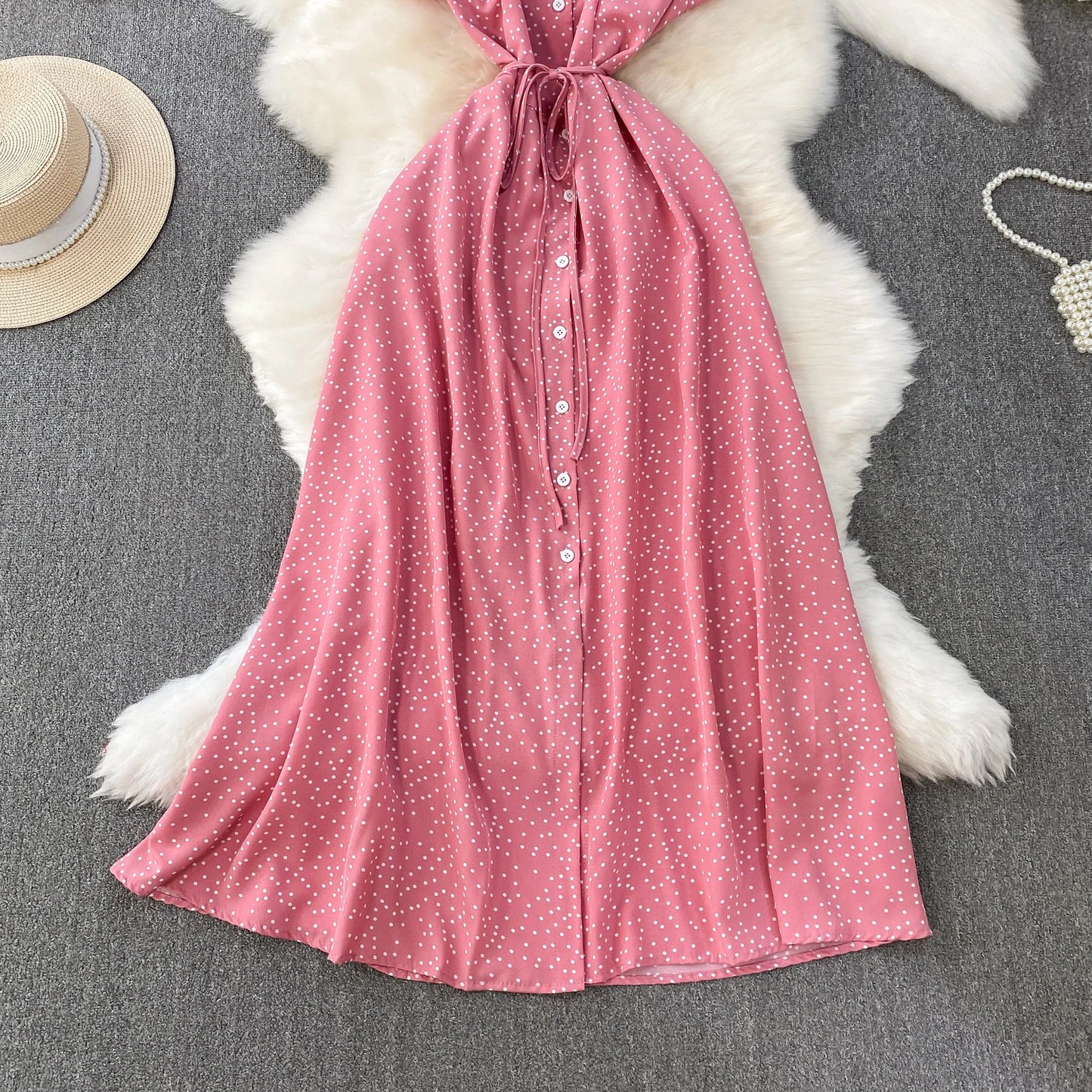 Summer Women Polka Dot Long Dress Vintage V-Neck Flying Sleeve High Waist Single Breasted A-Line Casual Vestidos Female Robe New