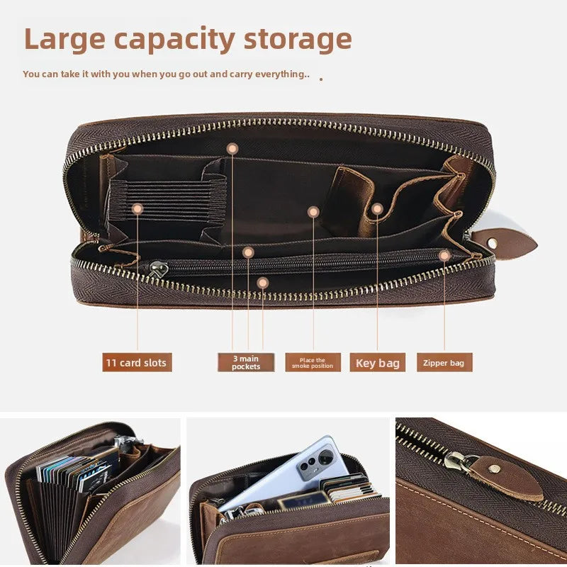 Men's Clutches Long Handbag Business Vintage Cow Leather Man Long Wallet For Men And Woman Oil Wax Zipper Bag Purse
