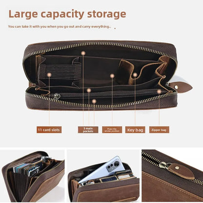 Men's Clutches Long Handbag Business Vintage Cow Leather Man Long Wallet For Men And Woman Oil Wax Zipper Bag Purse