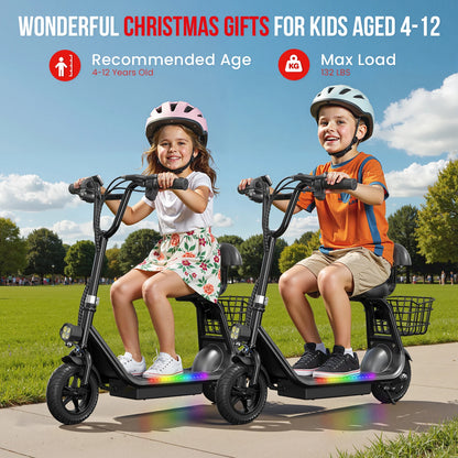 Spacewalk Kids Electric Scooter with Bluetooth Speaker Foldable Design Seat Carry Basket LED Light Strip 11MPH Speed 132lbs Max