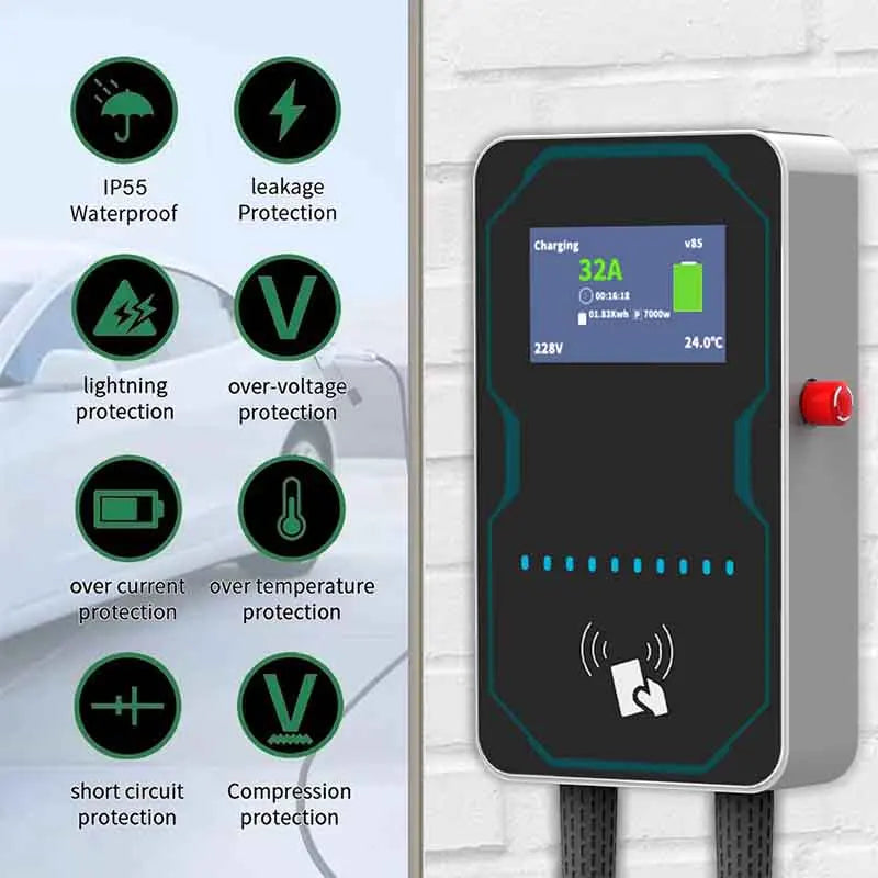WUFEN EVSE Wallbox EV Car Charger Electric Vehicle Double-gun Wall-Mounted Charging Pile 14KW Type2 GBT Type1 NACS Cable