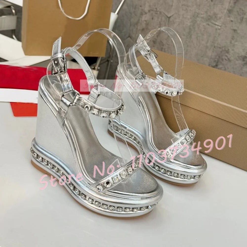 Crystal Wedges Belt Buckle Metallic Sandals Female Chic Open Toe Ankle Strap Shoes Women Luxury Party Elegant Round Toe Sandals