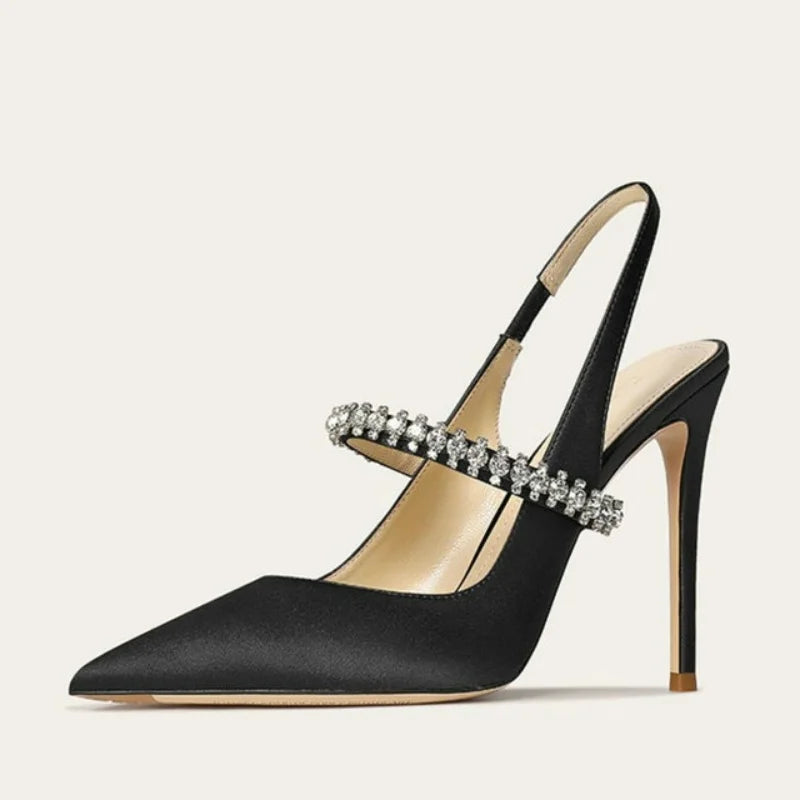 Luxury Rhinestone Pointed Toe Women Pumps Elegant Crystal Wedding Bridal Shoes Satin Silk Design Mules High Heels