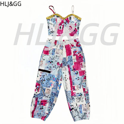 HLJ&GG Sexy Hot Graffiti Bandage Skinny Pants Two Piece Sets Women Spaghetti Strap Lace Splice Crop Top And Pants Streetwear