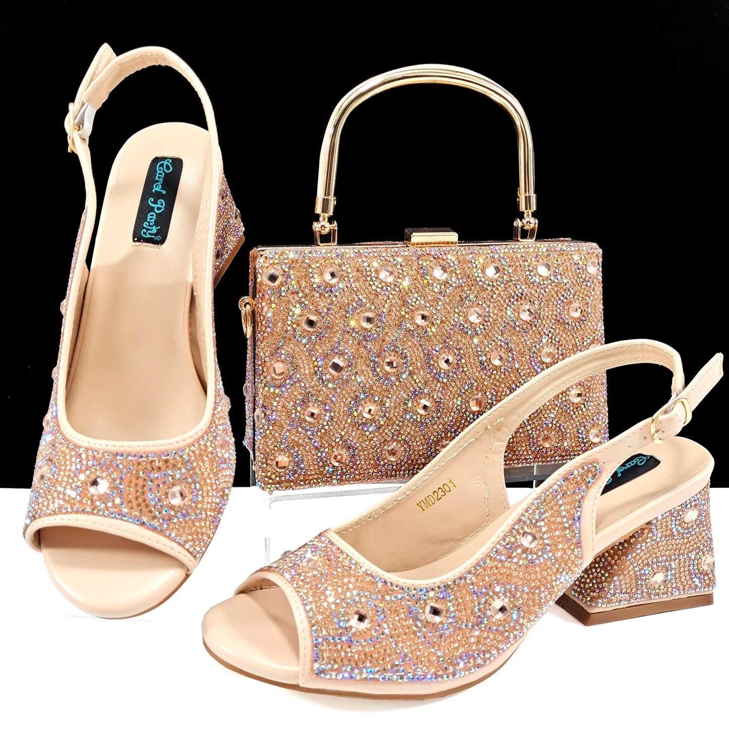 QSGFC 2024 Rhinestone Design INS Hot Sale New Arrivals African Shoes and Bag Set in Green Color Open Toe Comfortable Women Heels