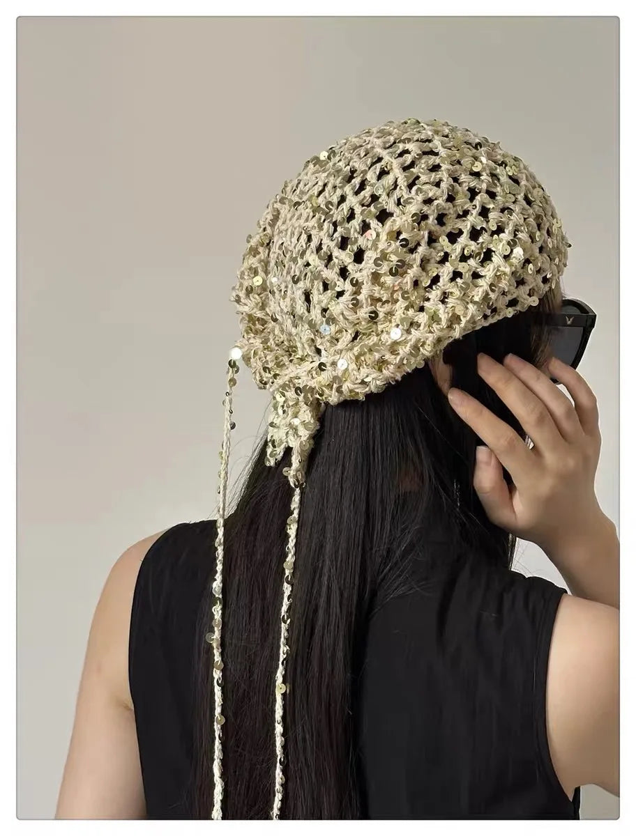 French Retro Knitted Triangular Towel Female Hottie Travel Sweet and Cute Literary Style Handmade Crochet Headscarf Headband