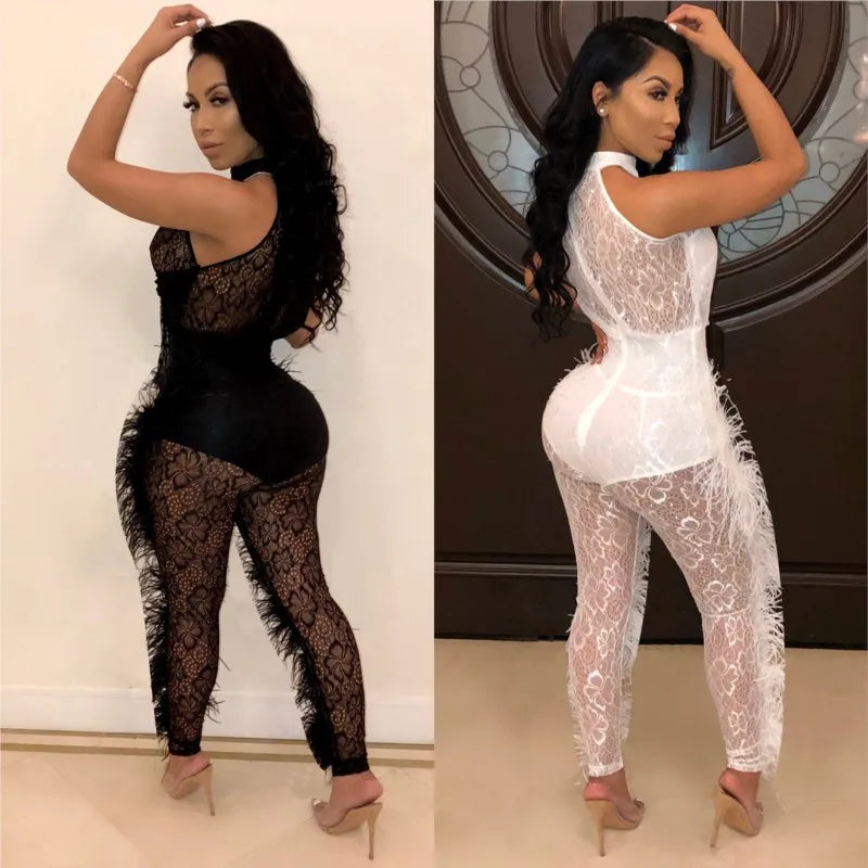 Sexy Lace Skinny Jumpsuit Women Fashion Sleeveless Hollow White Black Slim Jumpsuits 2025 Club Party Jumpsuit Female