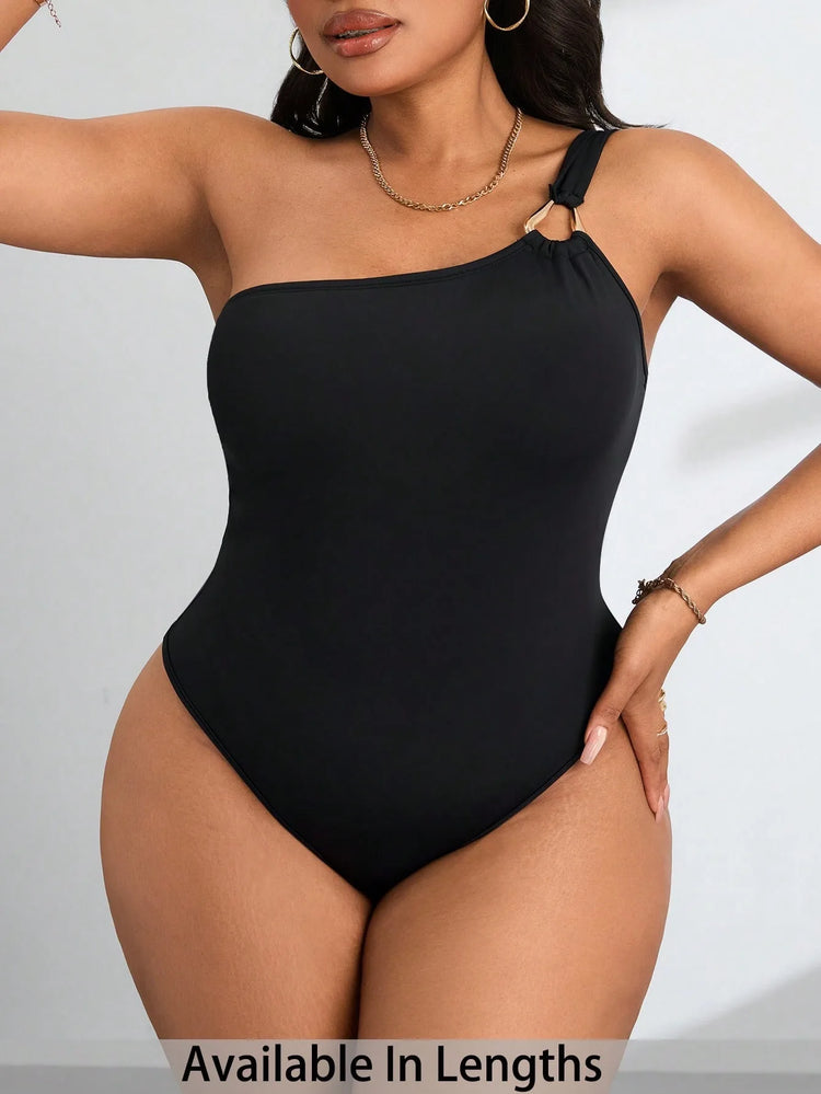 Plus-Size Women's Jumpsuit Sexy One-Shoulder Gold Ring Detail Solid Color Waist-Defining Pants Slimming Shaping One-Piece