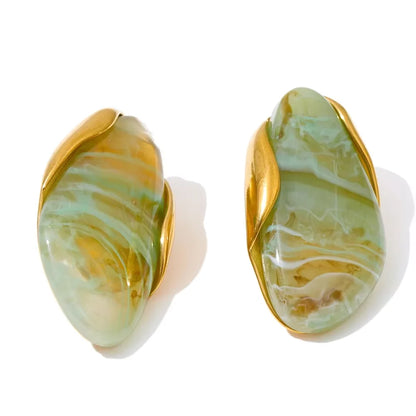 Yhpup New Design Brown Green Beige Resin Geometric Adjustable Ring Golden PVD Stainless Steel Rust Proof Finger Jewelry Gift